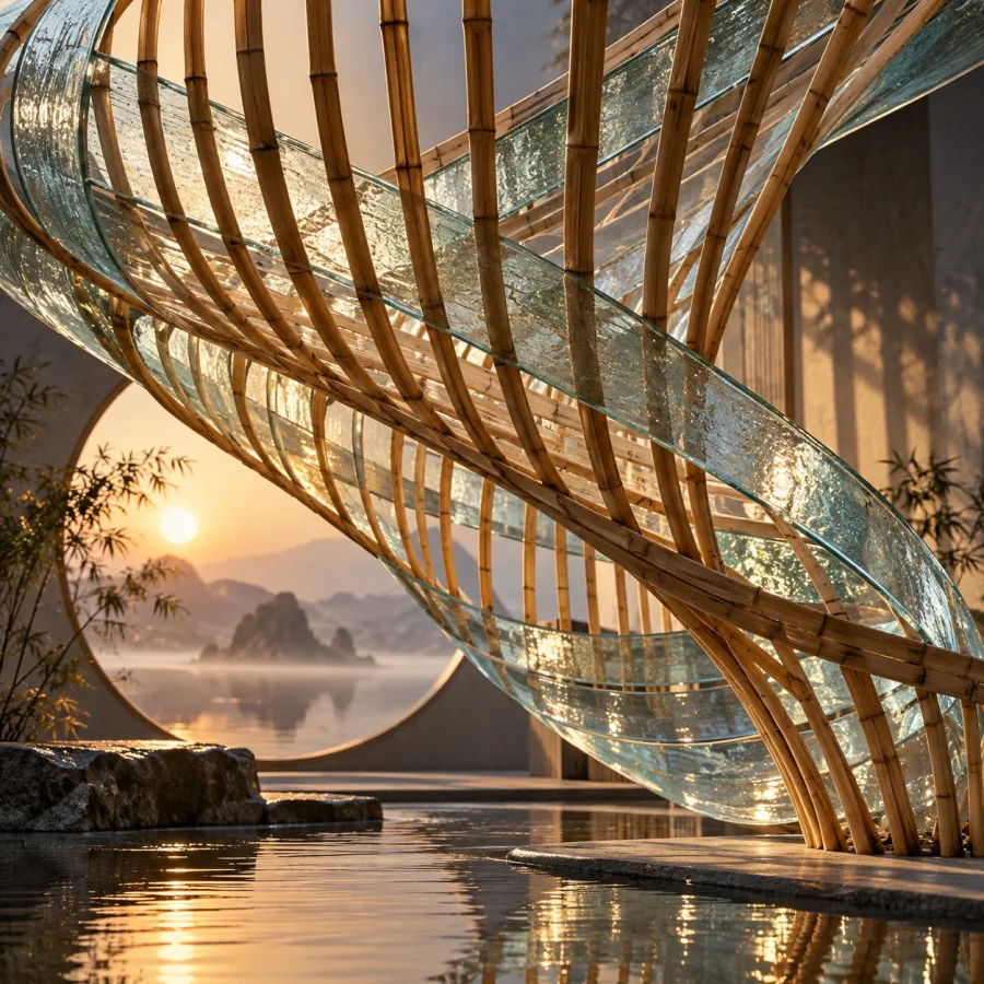 Bamboo Glass Weft: Slender bamboo ribs interwoven with translucent glass ribbons, warm-cool material contrast and open structural rhythm.