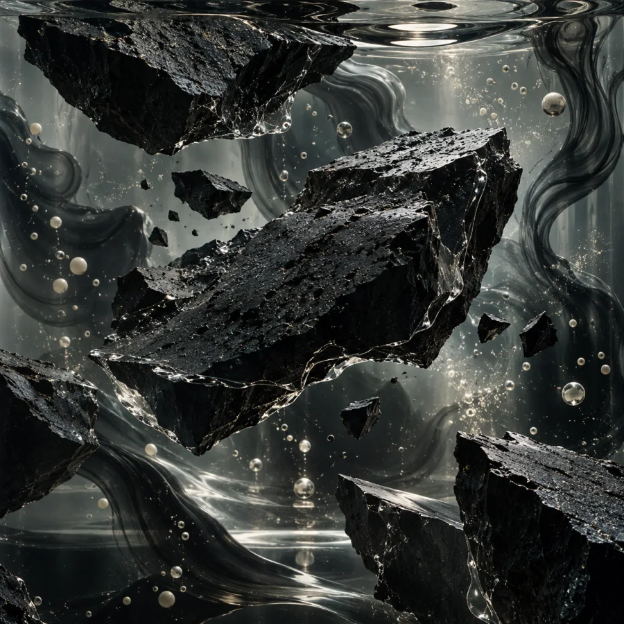 Basalt Ink Aquarium: Black volcanic slabs floating in clear ink-like liquid, pale suspended particles and sharp reflective boundaries.