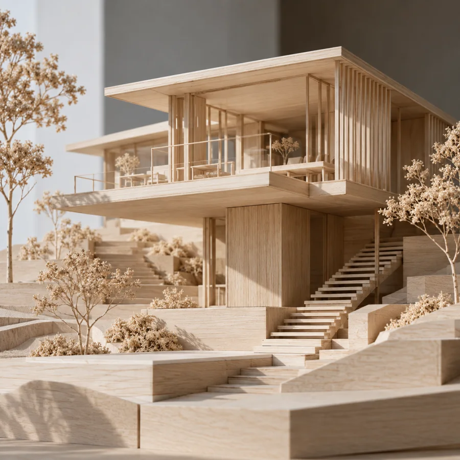 Basswood Architectural Model: Thin pale wooden sheets and strips assembled into precise miniature architecture with visible joints and soft shadows.