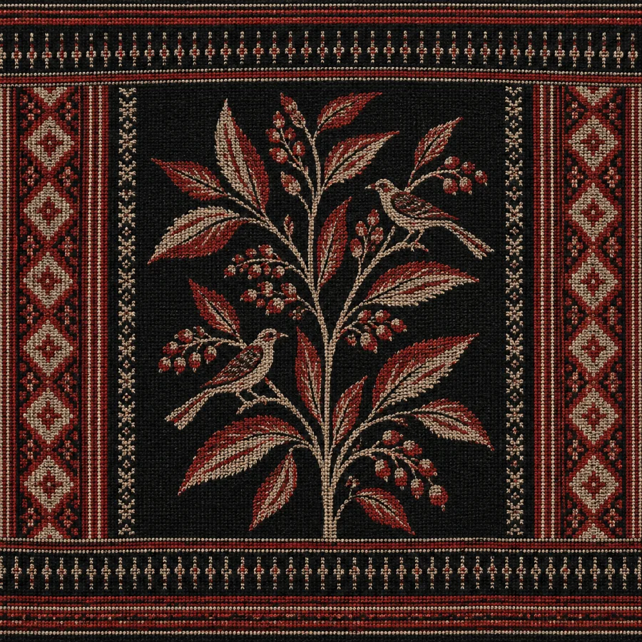 Batak Ulos-Inspired Textile: Dense dark woven cloth with red and cream patterned bands, fine repeated geometric accents and tactile thread structure.