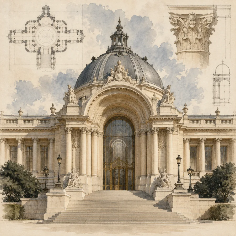 Beaux-Arts Architectural Wash: Precise architectural linework softened by graded ink washes, carefully cast shadows and formal balanced presentation.