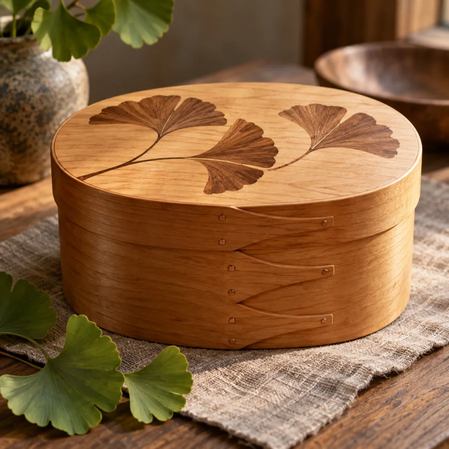 Bentwood Boxmaking: Thin wooden sheets steamed into continuous rounded corners, fine grain and precise joined bases.
