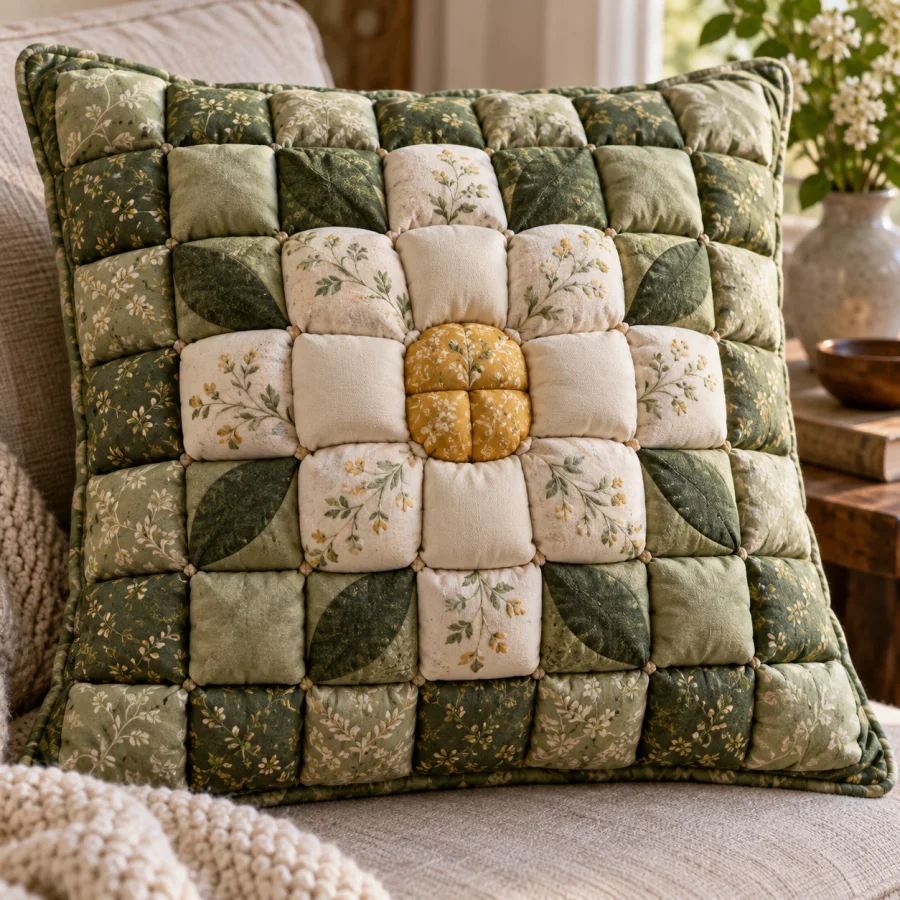 Biscuit Quilting: Small stuffed fabric squares forming a pillowy grid, deep seam valleys and tactile rounded volume.