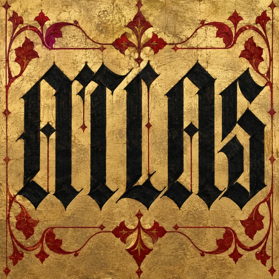 Blackletter Textura: Dense vertical broad-nib strokes, angular broken curves, narrow counters and an even woven textual texture.