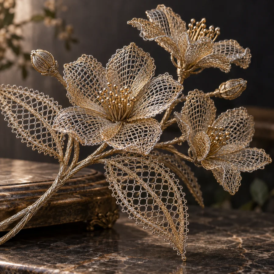 Bobbin-Woven Wire Lace: Fine metallic wires interlaced into delicate lace, reflective crossings and stiff but airy sculptural edges.