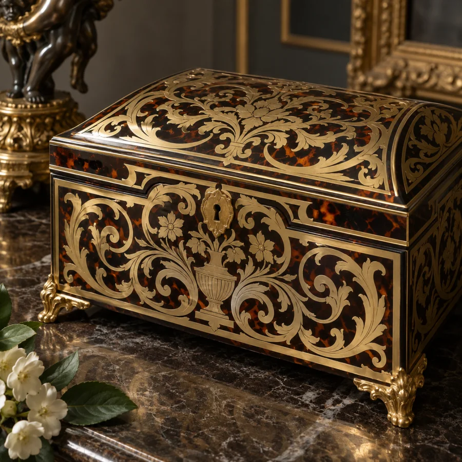 Boulle Marquetry: Cut brass and dark tortoiseshell-like contemporary substitute inlays, ornate interlocking scrolls and polished contrast.