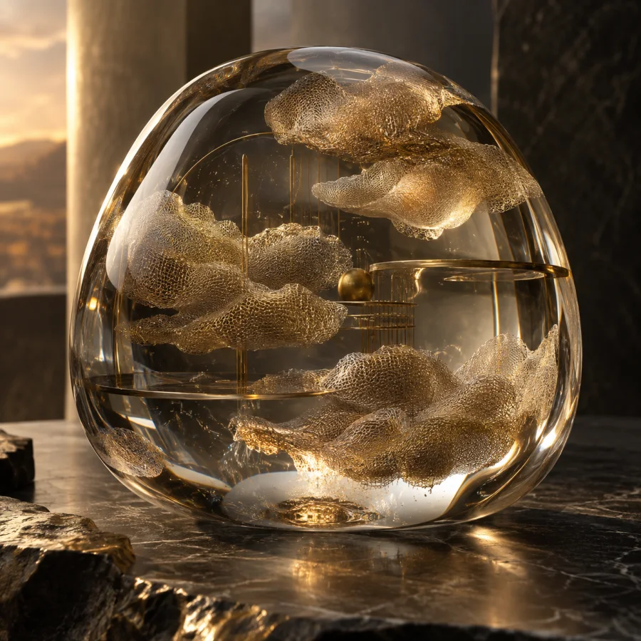 Brass-Cloud Paperweight: A clear sculptural mass enclosing delicate brass mesh clouds, warm metallic light and layered internal space.