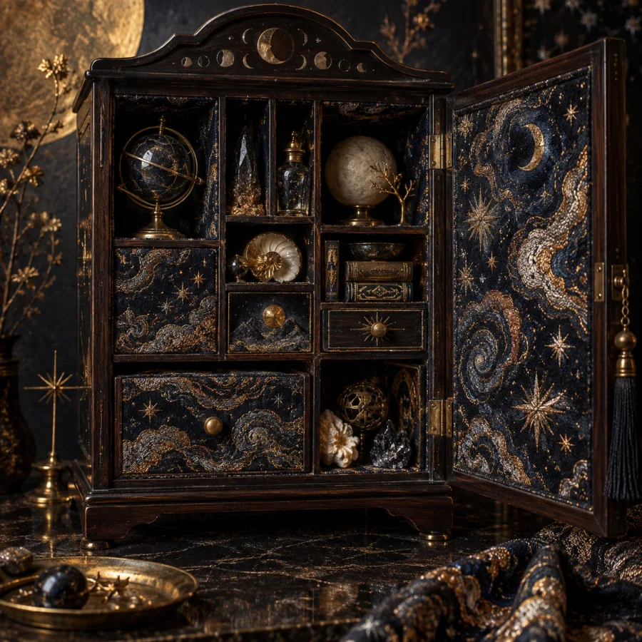 Brocade Nebula Cabinet: A compartmented miniature cabinet lined with cosmic-looking brocade, dense woven stars and dark polished wood.