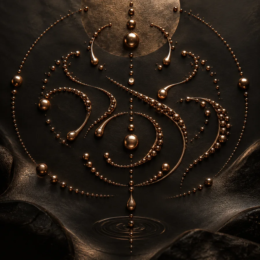 Bronze Dew Script: Small bronze droplets arranged into invented nonverbal flowing marks, bright rims and a dark satin ground.
