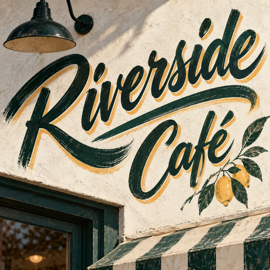Brush Script Signwriting: Confident connected brush lettering, thick downstrokes, hairline joins and lively hand-painted rhythm.
