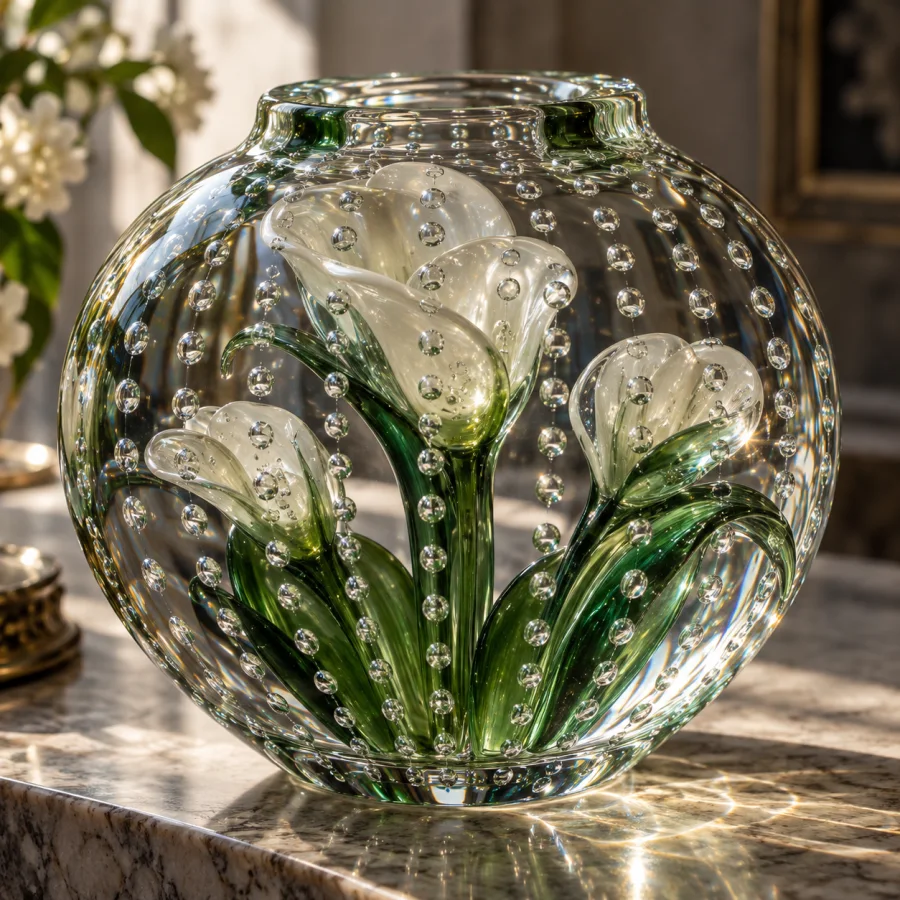 Bullicante Glass: Regular arrays of trapped air bubbles within thick clear glass, lens-like distortions and rhythmic internal sparkle.