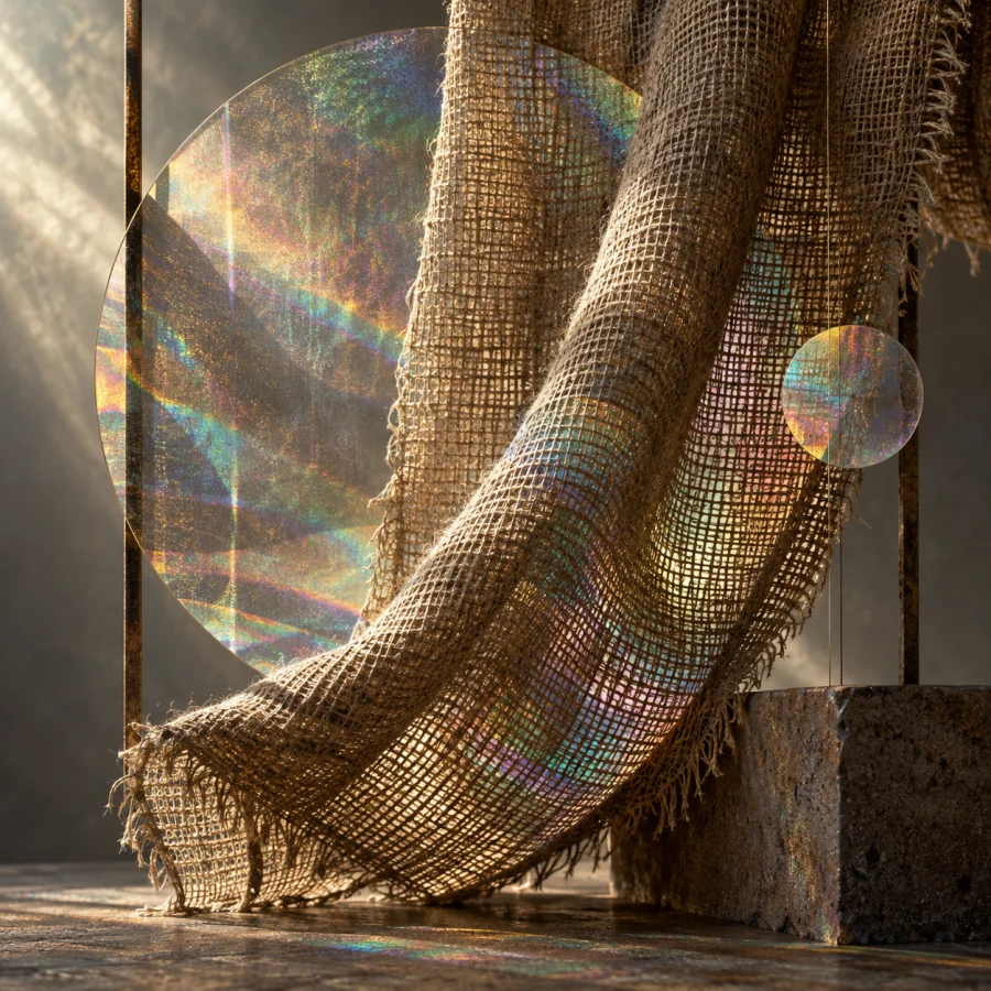Burlap Hologram Study: Rough woven burlap carrying faint spectral interference shapes, coarse physical texture against shifting transparent light.