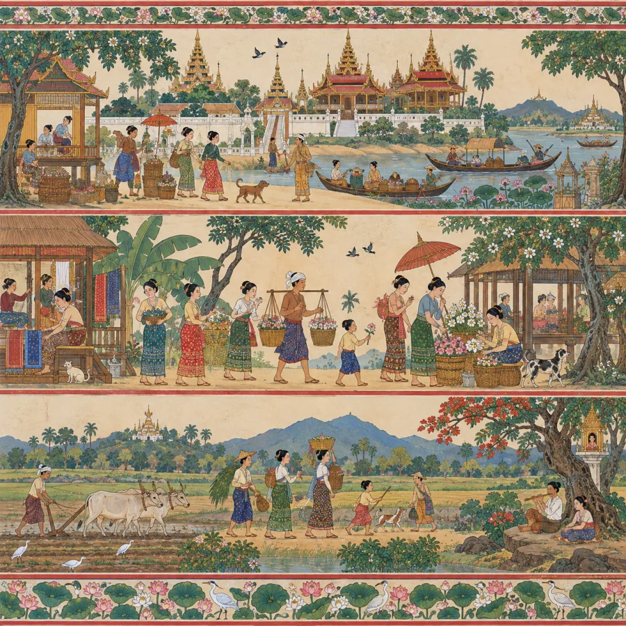 Burmese Parabaik Painting: Accordion-manuscript-like pictorial organization, delicate architectural detail, lively figures and bright opaque color across a pale ground.