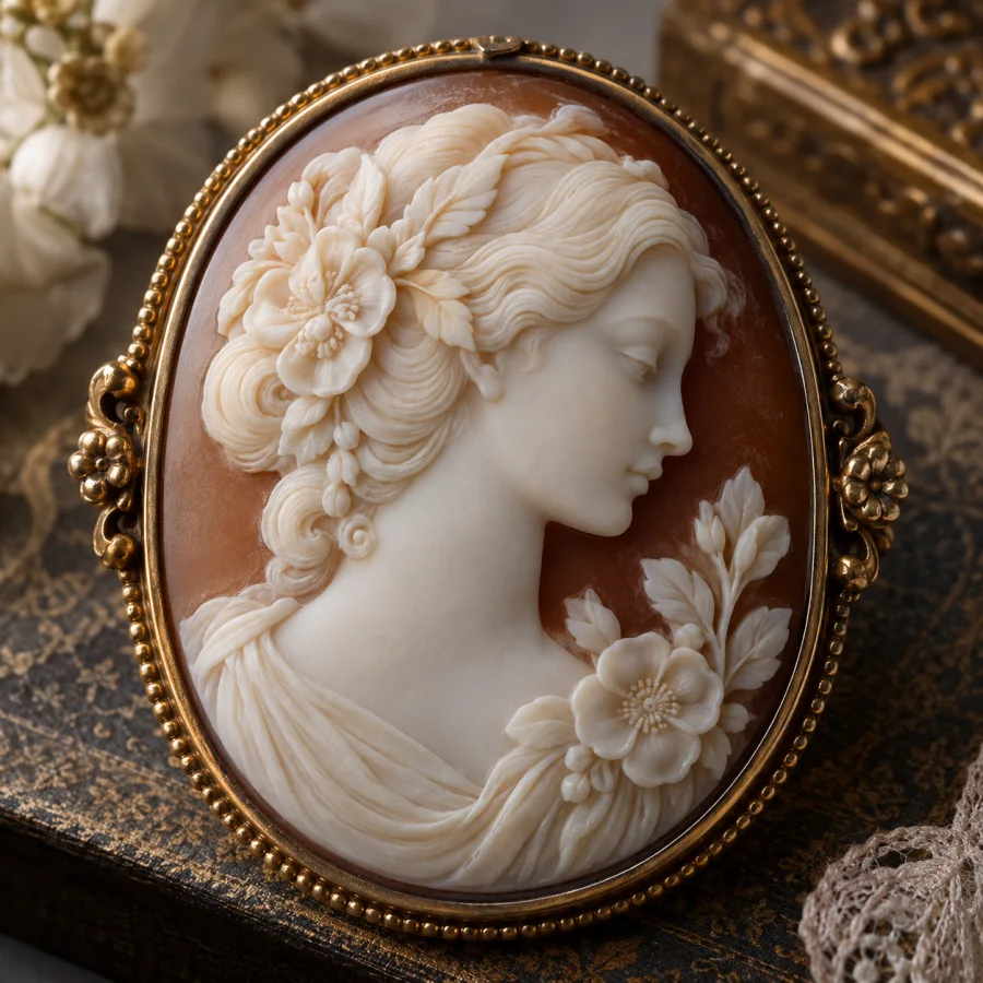 Cameo Carving: Raised pale relief cut through layered stone or shell, contrasting colored ground and finely modeled profiles.