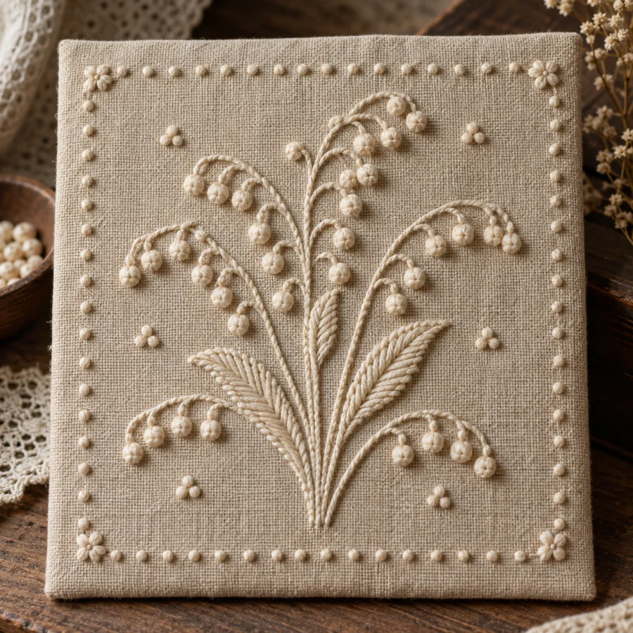 Candlewick Embroidery: Cream cotton knots and short raised stitches on unbleached fabric, restrained repetition and subtle relief.
