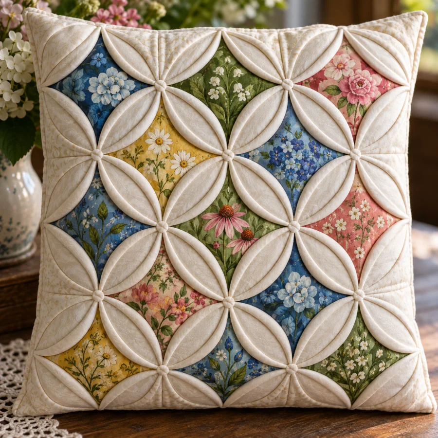 Cathedral-Window Quilting: Folded fabric frames around colorful inset windows, curved dimensional edges and repeating quilted geometry.
