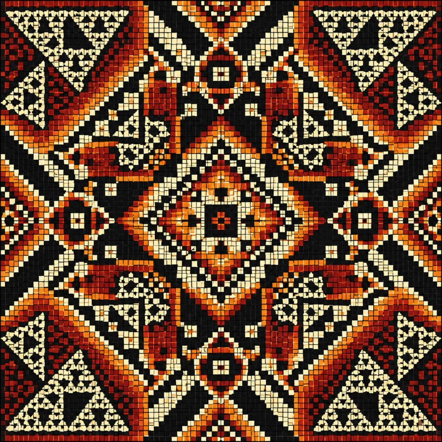 Cellular Automaton Textile: A grid-based pattern grown through repeated local rules, sharp discrete cells and complex emergent geometric motifs.