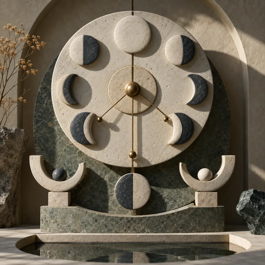 Ceramic Moon Dial: Matte ceramic discs and crescent shadows arranged into an abstract timekeeping sculpture with quiet mineral colors.