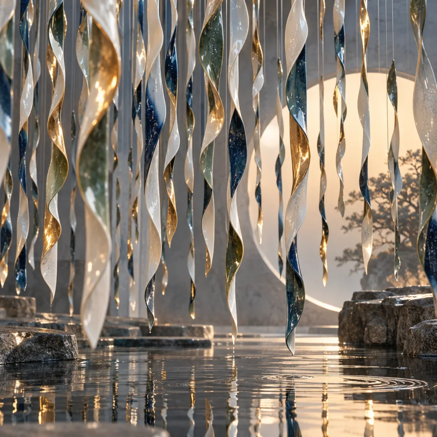 Ceramic Ribbon Rain: Thin glazed ribbons suspended vertically like rainfall, gentle twisting motion and alternating reflected colors.