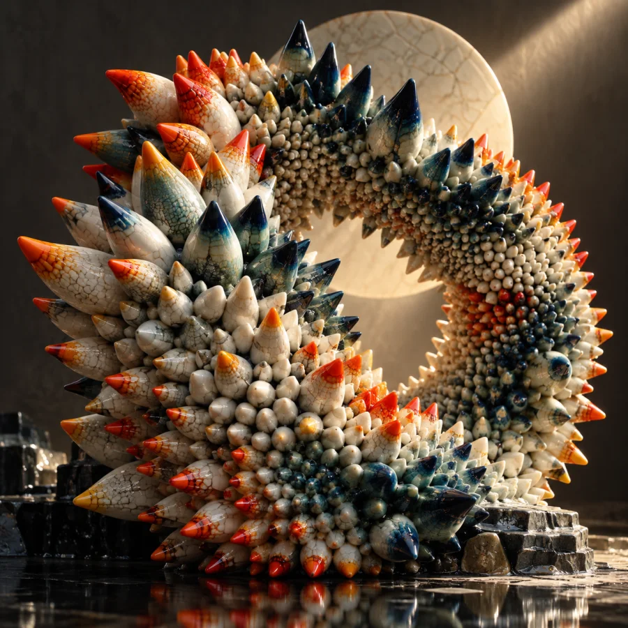 Ceramic Static Bloom: Tiny glazed ceramic spikes clustering like visual static, shifting density and vivid contrasting tips.
