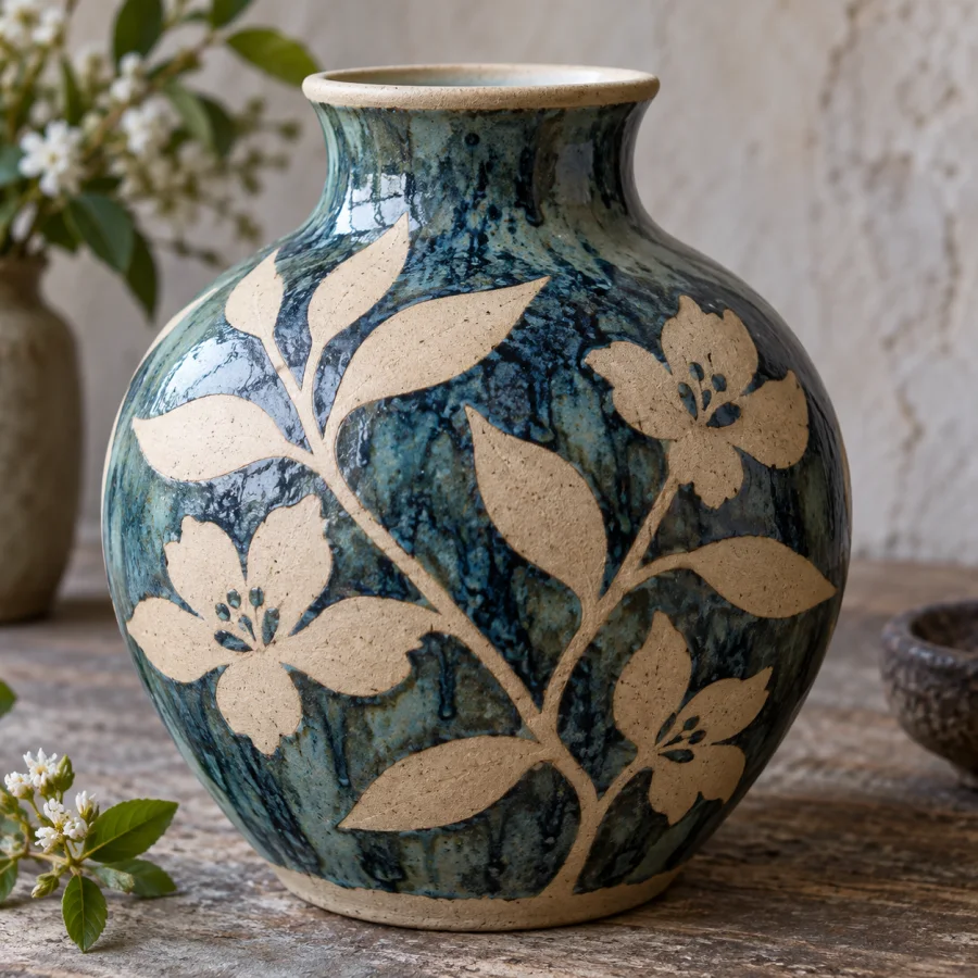 Ceramic Wax-Resist Pattern: Crisp unglazed clay shapes reserved against flowing glaze, visible material contrast and clean organic edges.
