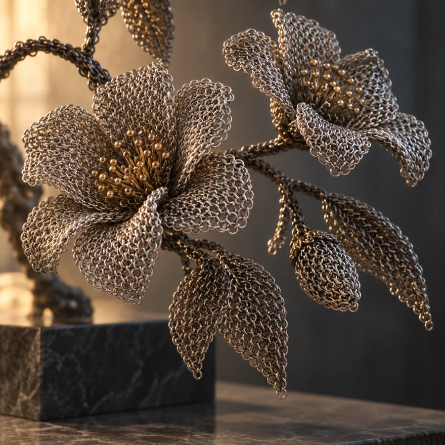 Chainmail Sculpture: Interlocking small metal rings forming draped sculptural surfaces, rhythmic highlights and flexible mesh.