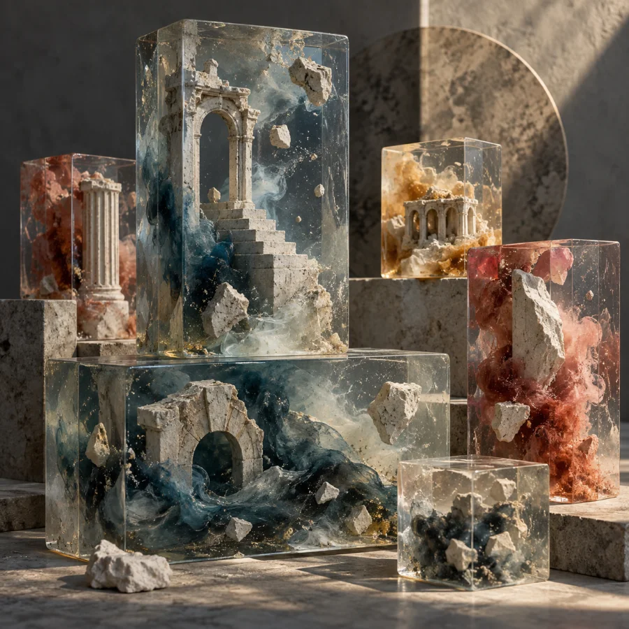 Chalk-Resin Memory Blocks: Clear blocks containing suspended chalk fragments, cloudy pigment trails and small fractured architectural forms.