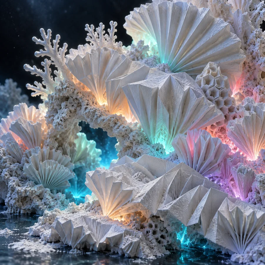 Chalklight Origami Reef: White folded forms arranged like a reef, powdery edges and luminous colored light seeping between folds.
