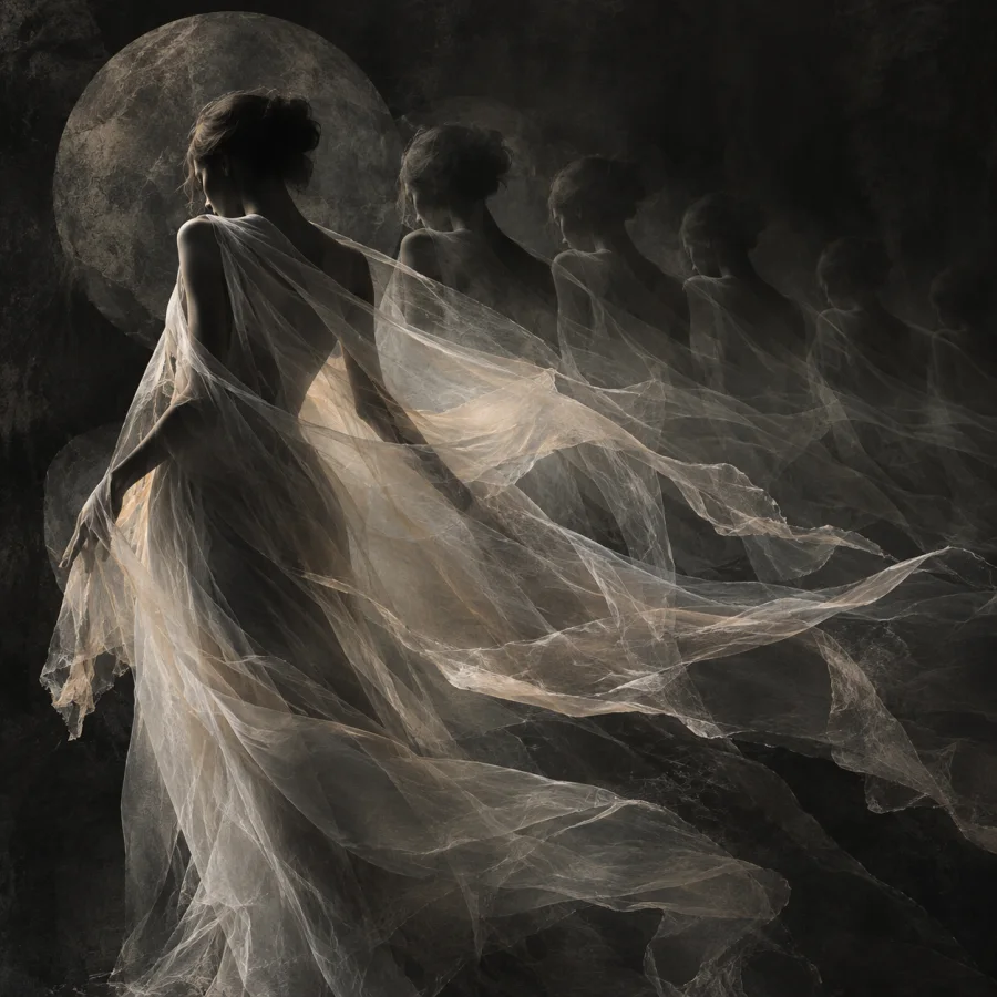 Charcoal Silk Echoes: Repeated gauzy silk silhouettes fading across charcoal-dark space, soft smudged edges and rhythmic transparency.