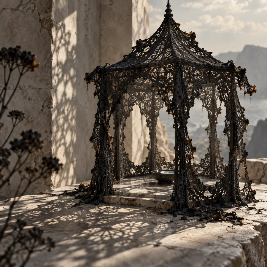 Charred Lace Pavilion: Fragile charcoal-black lace forming a tiny pavilion, burnt edges and intricate daylight shadows.