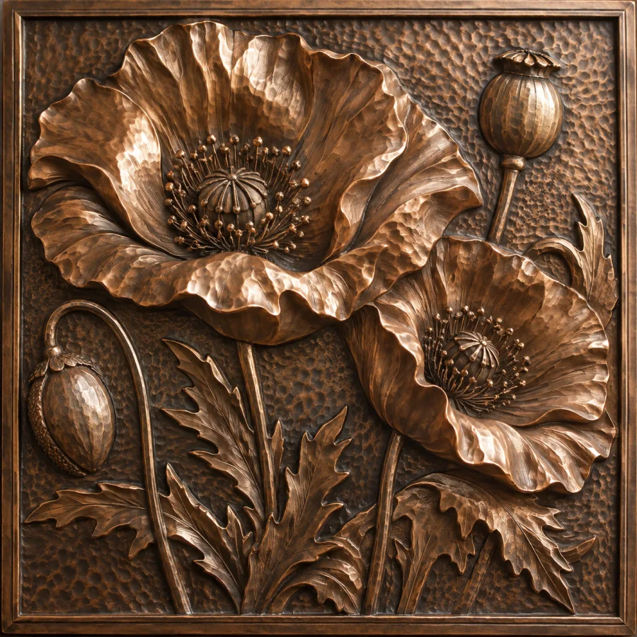 Chased Metal Relief: Metal surfaces worked from the front with small tools, precise depressions, textured planes and sharp modeled detail.
