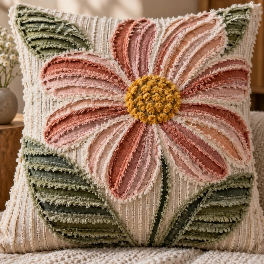 Chenille Slashing: Layers of fabric cut between parallel stitched lines, soft frayed ridges and alternating colored fuzzy channels.