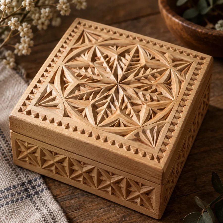 Chip Carving: Small triangular cuts arranged into rhythmic geometric ornament, crisp facets and sharp light-shadow contrast.