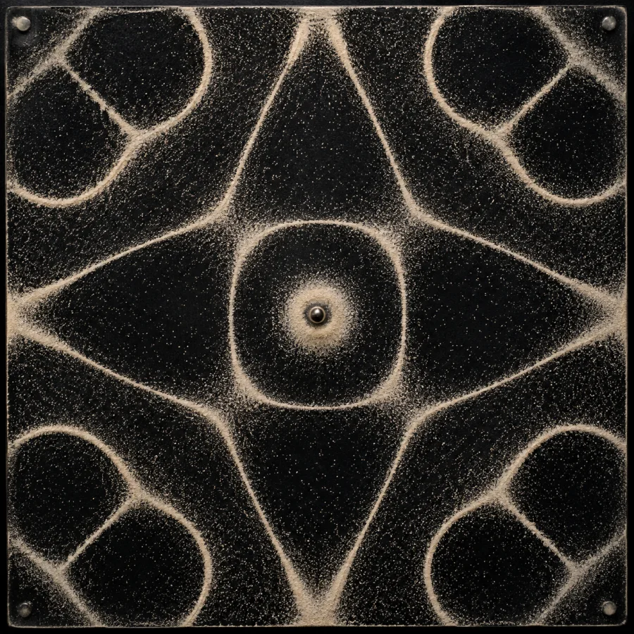 Chladni Pattern Visualization: Fine particles gathering along resonant nodal curves, symmetrical vibrating-plate geometry and dark-light granular contrast.