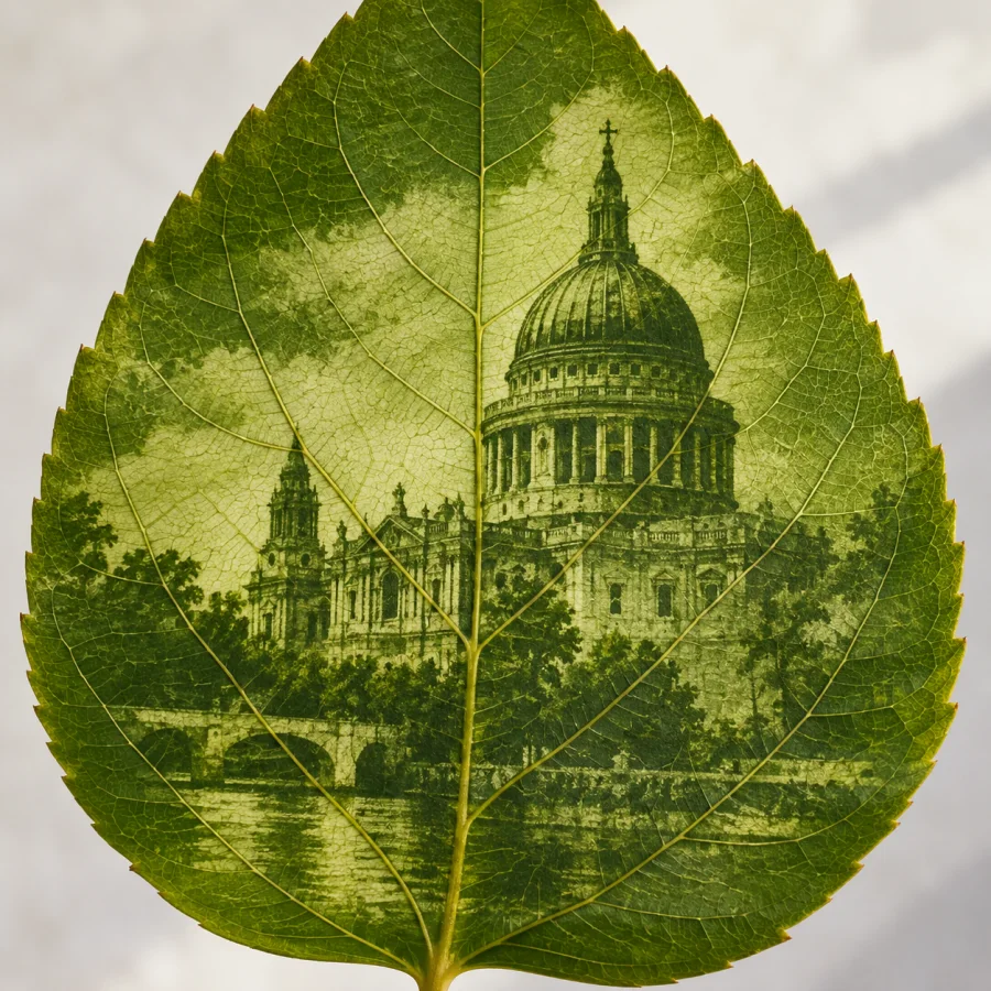 Chlorophyll Printing: A photographic image appearing within the natural green tissue of a leaf, visible veins and subtle organic tonal variation.