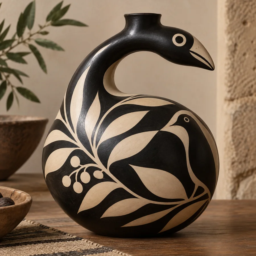Chulucanas Ceramics: Smooth burnished ceramic forms with bold black-and-cream reserved shapes, rounded silhouettes and restrained graphic contrast.