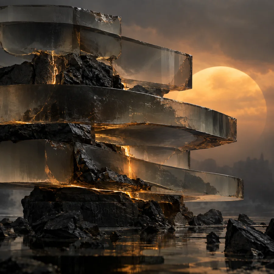 Cinder Glass Horizon: Bands of translucent smoky glass stacked over charred fragments, glowing amber seams and atmospheric depth.