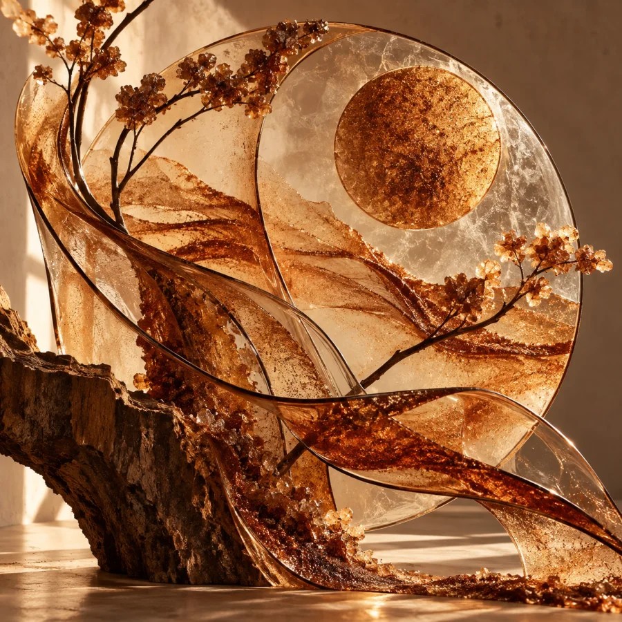 Cinnamon Glassigraphy: Warm brown granular strokes fused into translucent glass sheets, gestural linework and aromatic-looking crystalline texture.