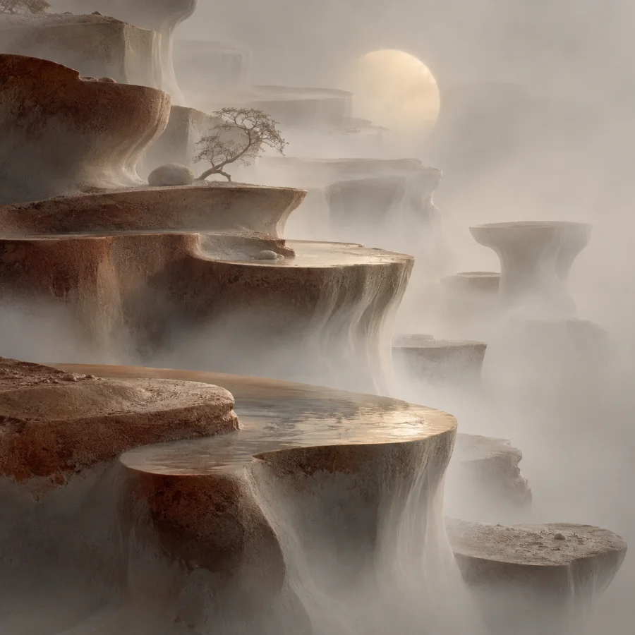 Clay Fog Terraces: Layered matte clay platforms dissolving into translucent fog-like edges, quiet earth colors and soft spatial ambiguity.