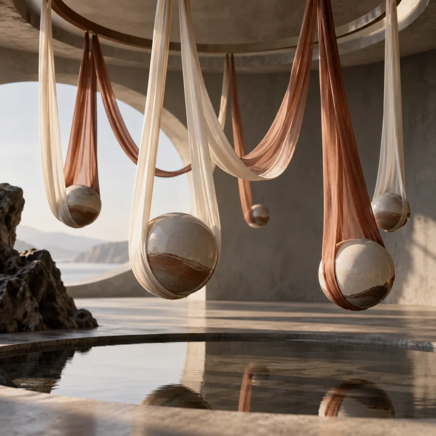 Clay-Silk Pendulum Study: Smooth ceramic weights suspended by flowing silk bands, balanced arcs and restrained sculptural motion.
