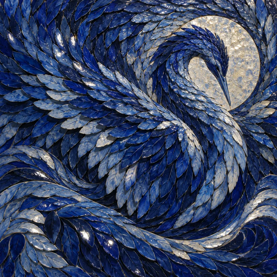 Cobalt Feather Mosaic: Tiny blue ceramic feather-shaped pieces fitted into flowing patterns, overlapping edges and glinting glaze.