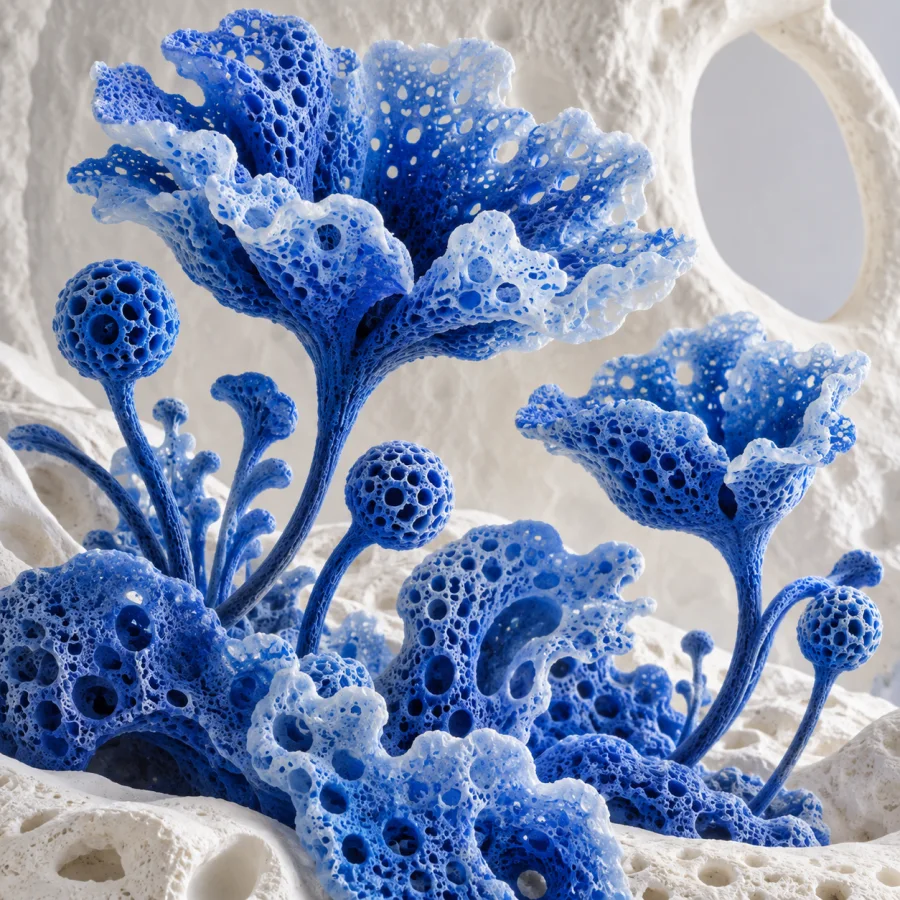 Cobalt Foam Garden: Blue cellular foam grown into botanical forms, open pores, milky translucent edges and a sculptural white ground.
