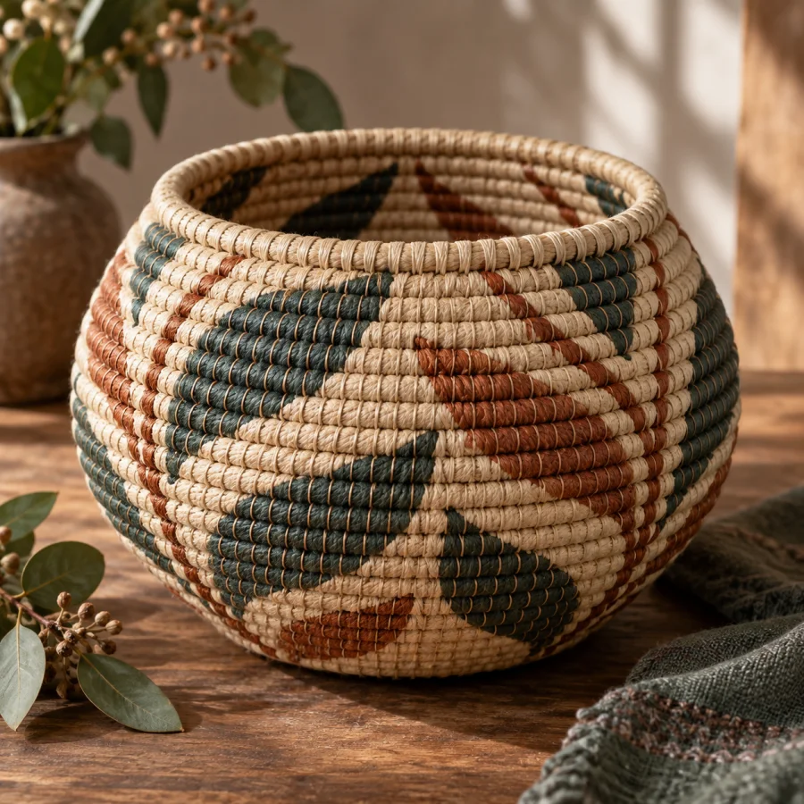 Coiled Rope Basketry: Continuous rope coils stitched into rounded vessels, visible binding rhythm and concentric tactile lines.