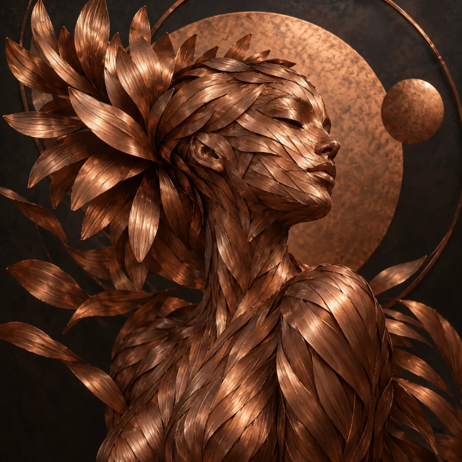 Copper Petal Hatching: Overlapping narrow copper petals arranged like cross-hatched strokes, precise directional sheen and tactile shading.