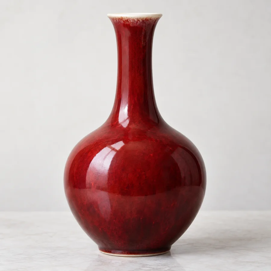 Copper-Red Glaze: Rich oxblood red glaze with subtle dark pooling, glossy depth and pale thinning at ceramic edges.