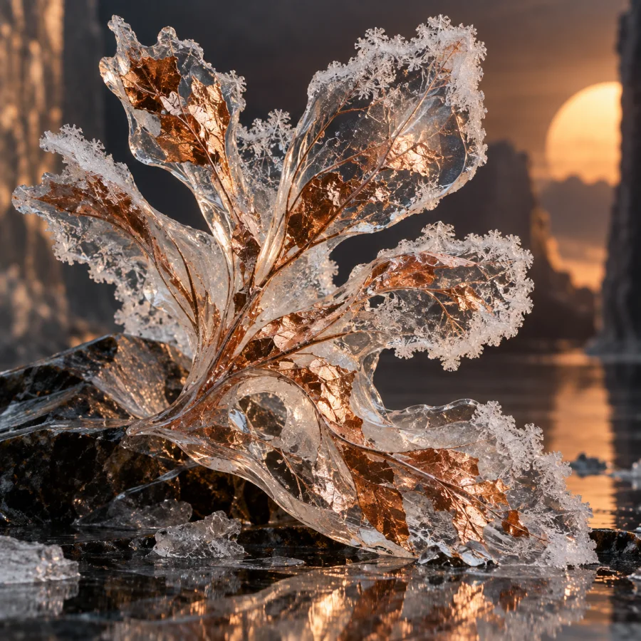 Copperleaf Ice Bloom: Thin copper leaf trapped inside branching clear ice, warm fractured reflections and pale frosted edges.