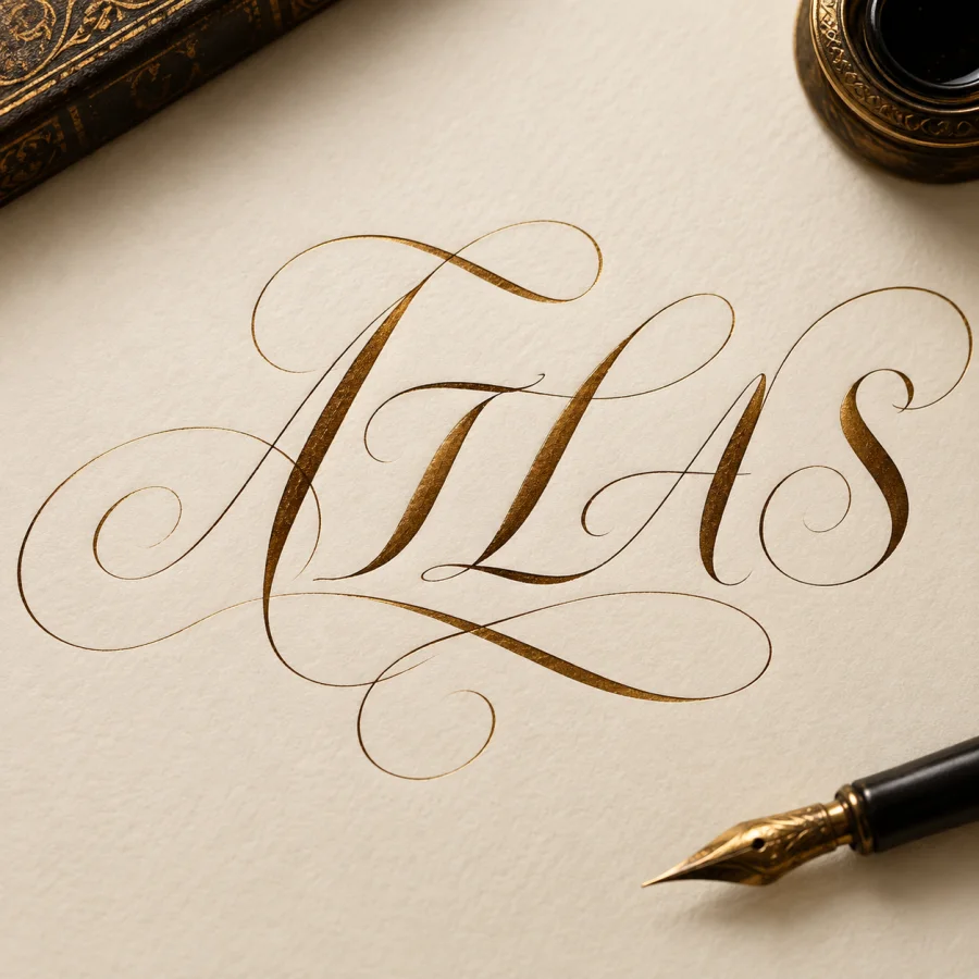 Copperplate Calligraphic Flourish: Fine pointed-pen hairlines alternating with pressure-swollen strokes, precise slant and airy ornamental loops.