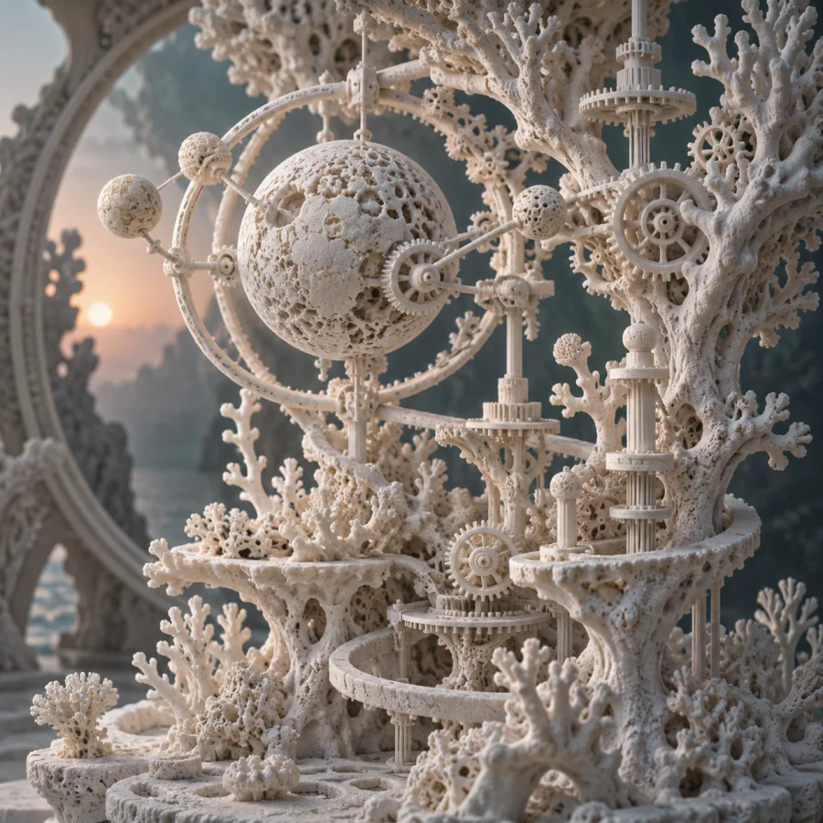 Coral Chalk Mechanism: Small white chalk gears and branching coral-like parts, powdery detail and intricate fictional mechanical logic.