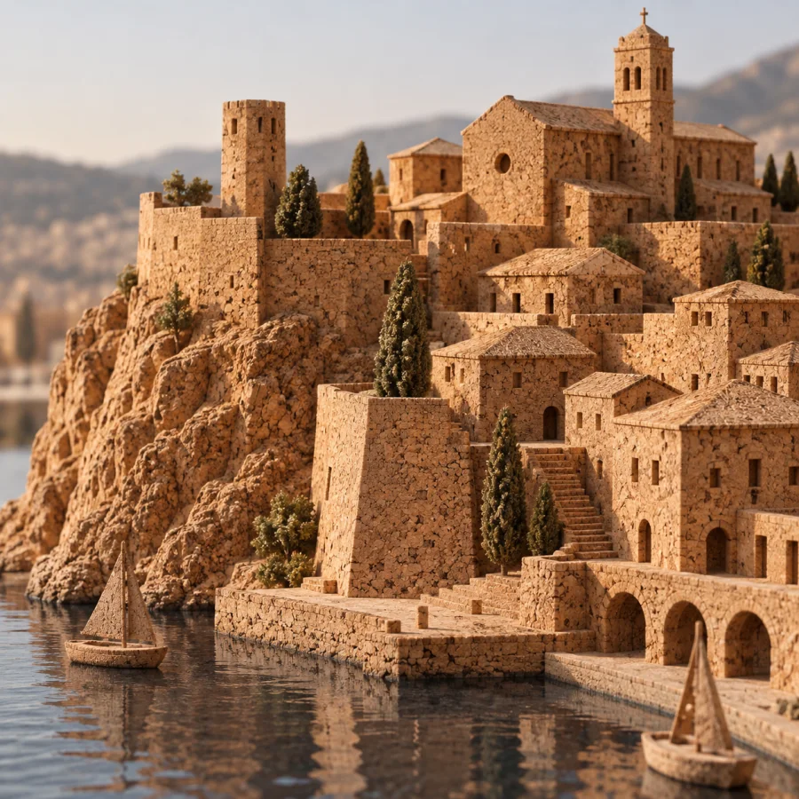 Cork Architectural Maquette: Miniature buildings carved from warm porous cork, simplified masses, tiny apertures and tactile natural texture.
