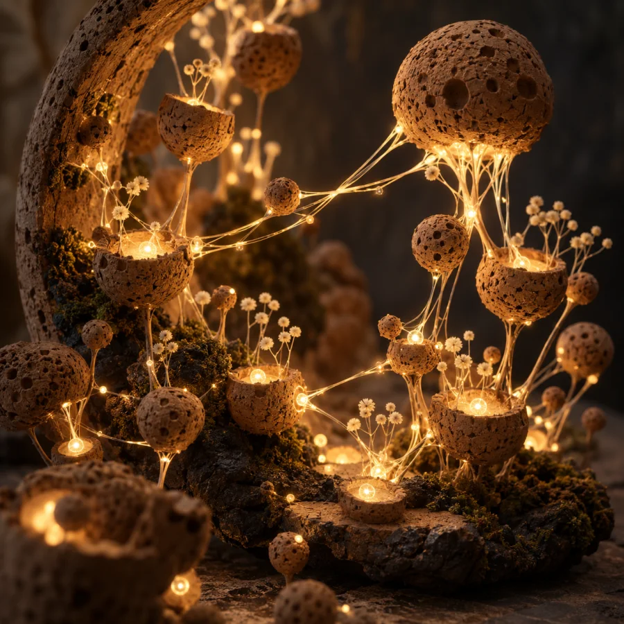 Corklight Constellation Garden: Small porous cork forms connected by glowing root-like filaments, warm shadows and intimate miniature scale.